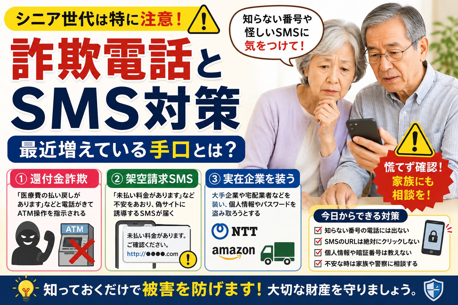 シニア世代が気をつけたい詐欺電話とSMS対策｜最近増えている手口とは？