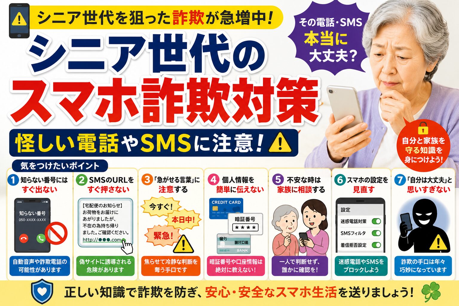 シニア世代のスマホ詐欺対策｜怪しい電話やSMSに注意